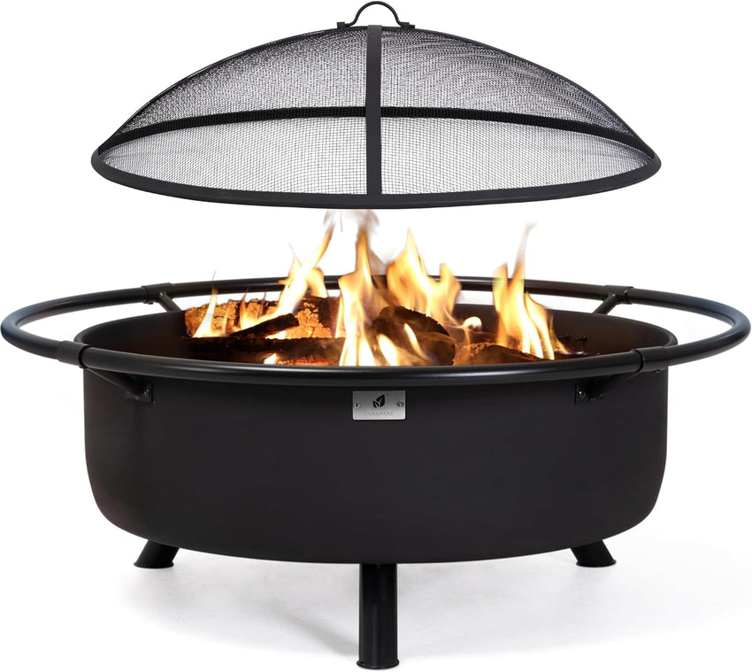 SUNCREAT 42 Patio Fire Pit Wood Burning with Mesh Spark Screen. Bonfire Outdoor firepit with Fireplace Poker. Black