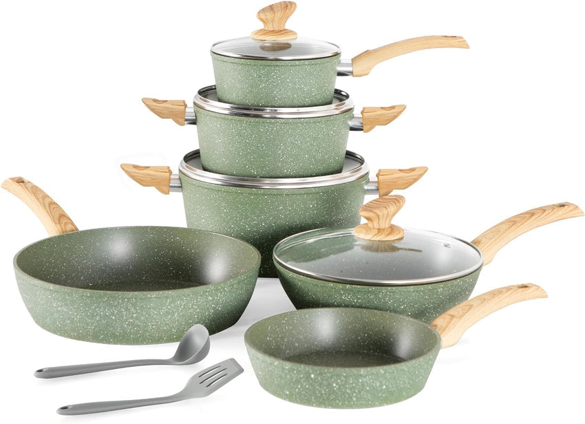 Kitchen Academy Induction Cookware Sets - 12 Piece Green Cooking Pan Set. Granite Nonstick Pots and Pans Set