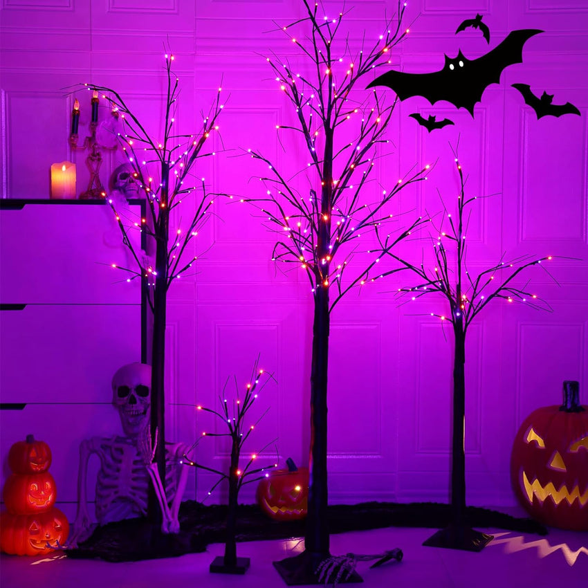 Set of 3 Glowing Black Halloween Trees with 96 LED Lights