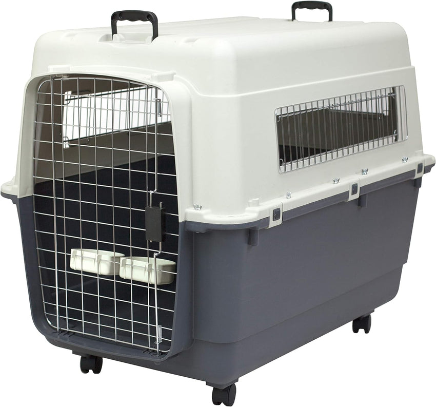 SportPet Designs Plastic Kennels Rolling Plastic Airline Approved Wire Door Travel Dog Crate. XXX-Large. Gray