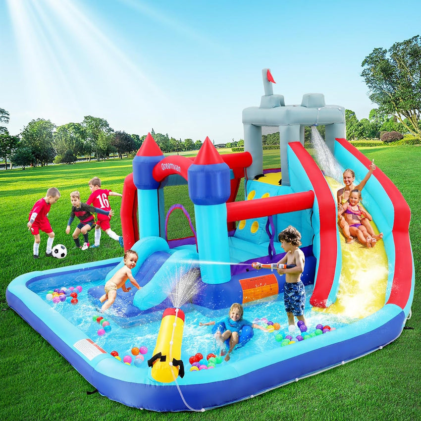 Inflatable Water Slides for Kids 8-in-1 Bounce House Water Park with 450W Blower Climbing Wall. Splash Pool. 2 Water Cannons. Basketball Hoop. Water Slide. Crocodile Sprinkler for Gift Backyard Party