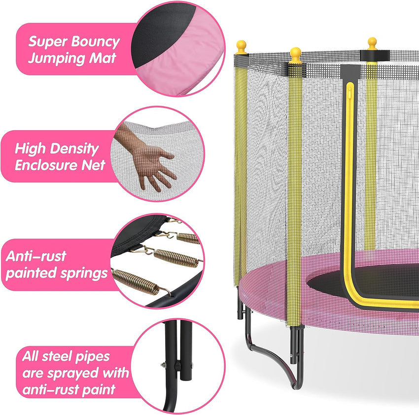 60 Kids Trampoline with Safety Enclosure Net. 5FT Toddler Indoor & Outdoor Trampoline/w Basketball Hoop - Parent-Child Interactive Game Fitness Trampoline Toy Gift for Boys and Girls Age 1-8