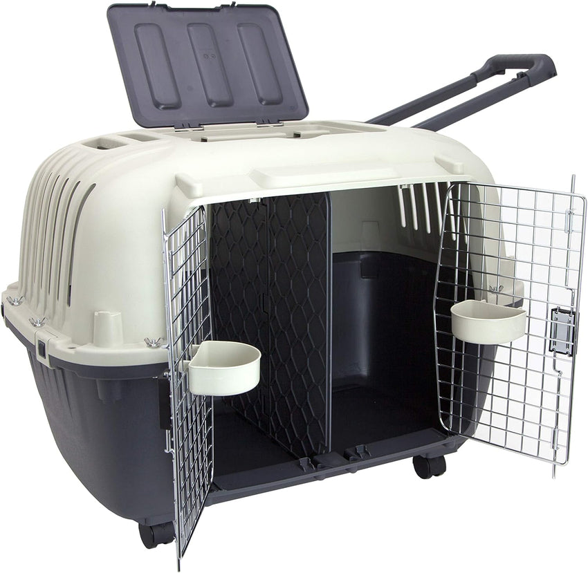 SportPet Designs Plastic Kennels Rolling Plastic Airline Approved Wire Door Travel Dog Crate. XXX-Large. Gray
