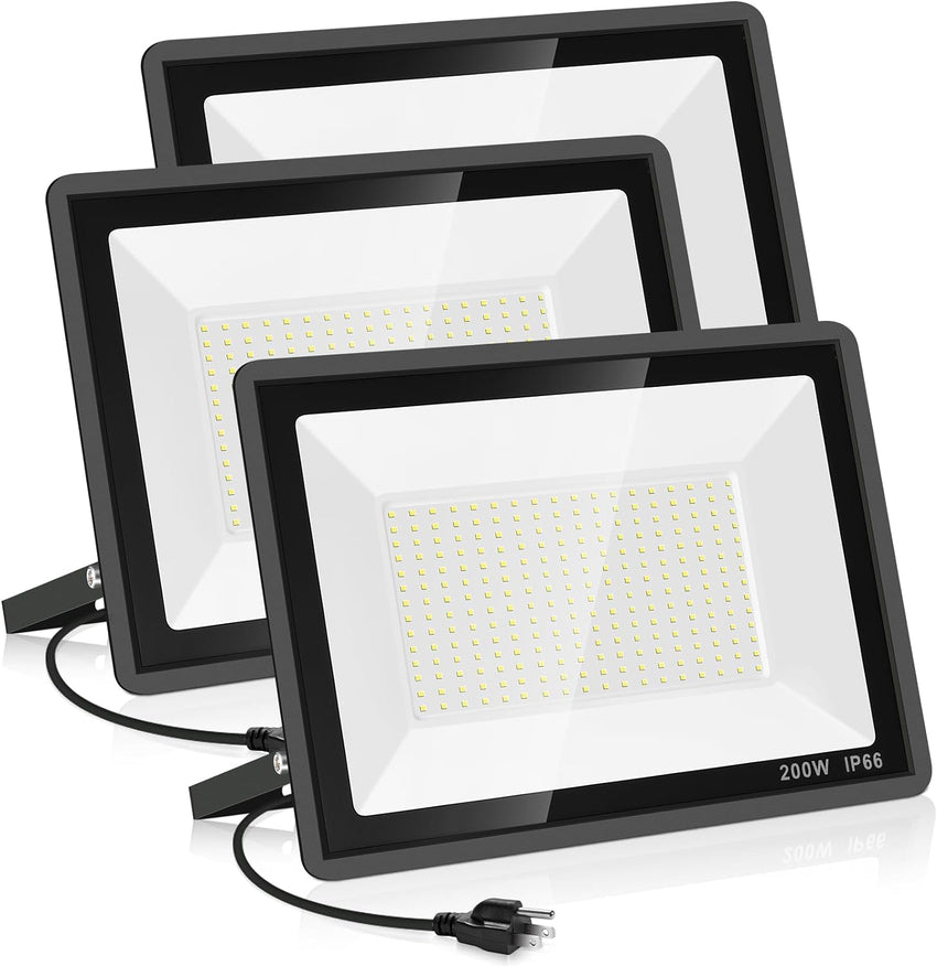 3 Pack 200W LED Flood Light.Super Bright Exterior Security Lights With Plug.IP66 Waterproof Outdoor Flood Light. 22800lm 5000K Daylight White Floodlight for Yard. Garden.Basketball Court. Arena