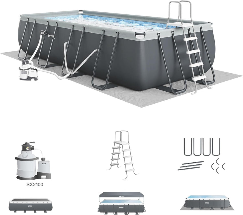 Rectangular Frame Above Ground Outdoor Swimming Pool Set with 1200 GPH Sand Filter Pump. Pool Cover and Ladder