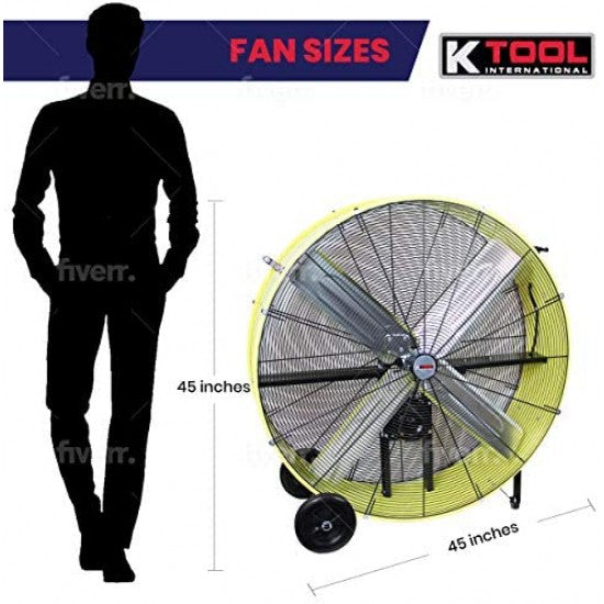K Tool International 42′′ Belt Drive Drum Fan; Industrial. Garage. Shop. High Speed 2-Speed. Durable. Cut-Off Protection. Easy Mobility Rubber Wheels; SAFETY YELLOW KTI77743