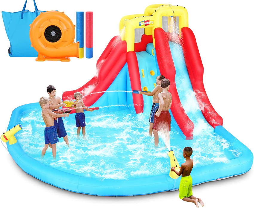 Inflatable Water Slides for Kids 8-in-1 Bounce House Water Park with 450W Blower Climbing Wall. Splash Pool. 2 Water Cannons. Basketball Hoop. Water Slide. Crocodile Sprinkler for Gift Backyard Party