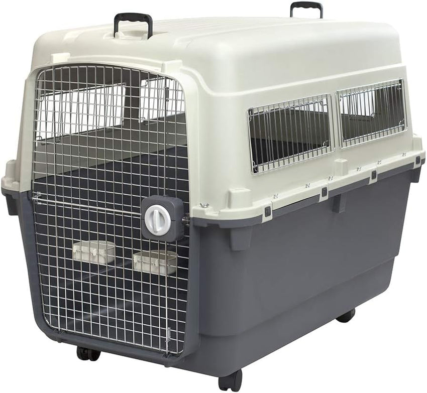 SportPet Designs Plastic Kennels Rolling Plastic Airline Approved Wire Door Travel Dog Crate. XXX-Large. Gray