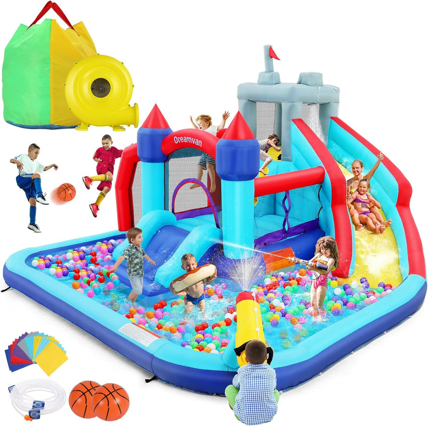 Inflatable Water Slides for Kids 8-in-1 Bounce House Water Park with 450W Blower Climbing Wall. Splash Pool. 2 Water Cannons. Basketball Hoop. Water Slide. Crocodile Sprinkler for Gift Backyard Party