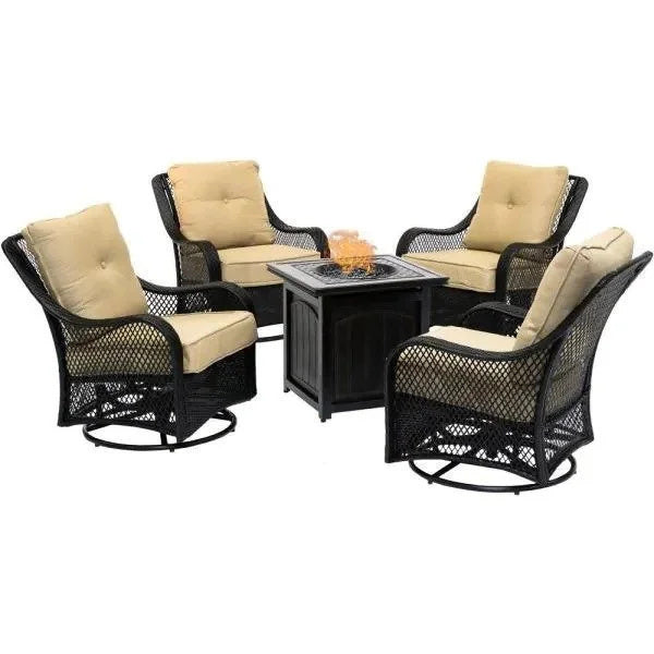 5-Piece Steel Patio Fire Pit Conversation Set with Navy Blue Cushions. Swivel Gliders and Square Fire Pit Table