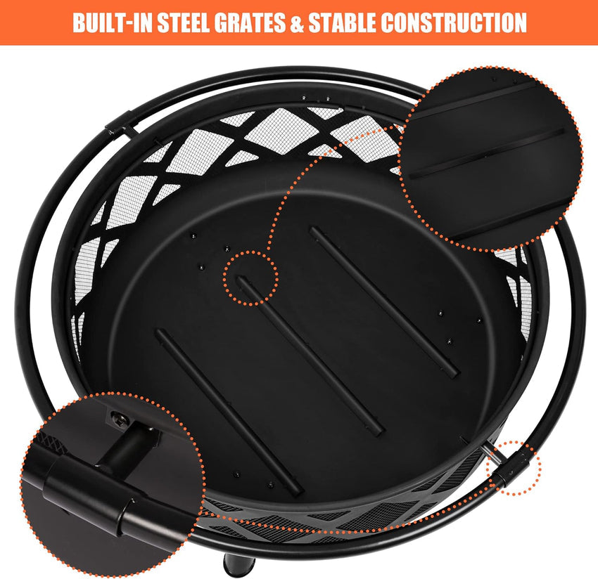 SUNCREAT 42 Patio Fire Pit Wood Burning with Mesh Spark Screen. Bonfire Outdoor firepit with Fireplace Poker. Black
