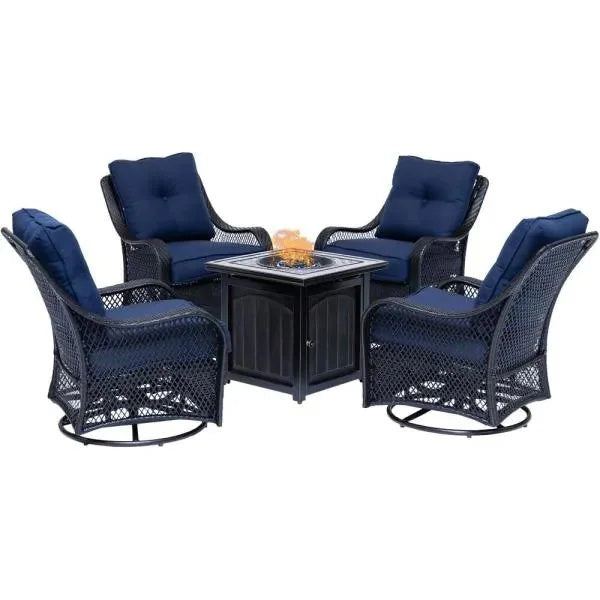 5-Piece Steel Patio Fire Pit Conversation Set with Navy Blue Cushions. Swivel Gliders and Square Fire Pit Table