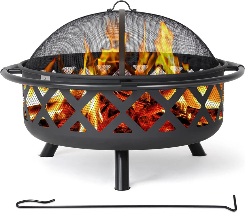 SUNCREAT 42 Patio Fire Pit Wood Burning with Mesh Spark Screen. Bonfire Outdoor firepit with Fireplace Poker. Black