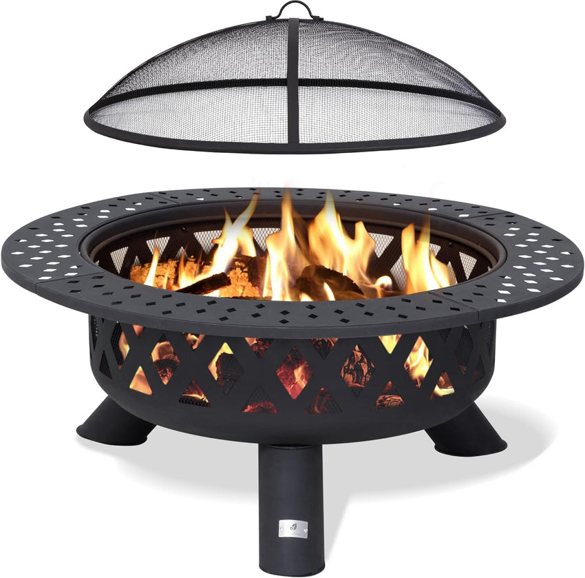 SUNCREAT 42 Patio Fire Pit Wood Burning with Mesh Spark Screen. Bonfire Outdoor firepit with Fireplace Poker. Black