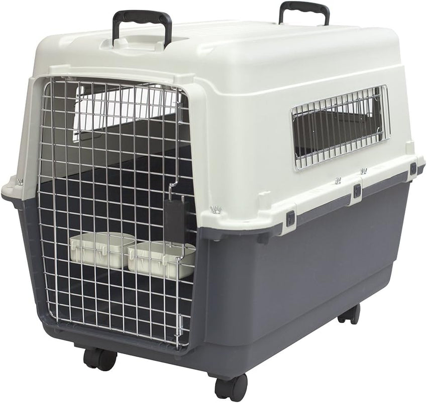 SportPet Designs Plastic Kennels Rolling Plastic Airline Approved Wire Door Travel Dog Crate. XXX-Large. Gray