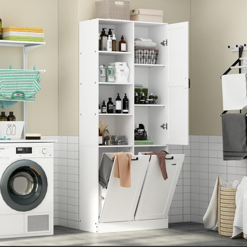 Storage cabinet with laundry basket. display cabinet