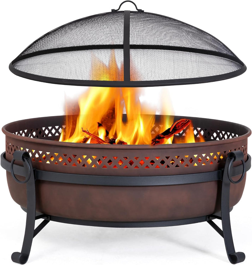 SUNCREAT 42 Patio Fire Pit Wood Burning with Mesh Spark Screen. Bonfire Outdoor firepit with Fireplace Poker. Black