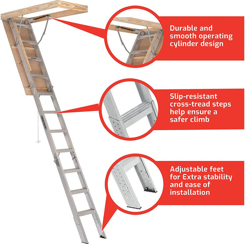 25-1/2 by 54-Inch Elite. 7'8′′-10-Foot Ceiling Height. 375-Pound Capacity. Type IAA. AA2510. Aluminum Ladder. attic. x Rough Opening. Silver