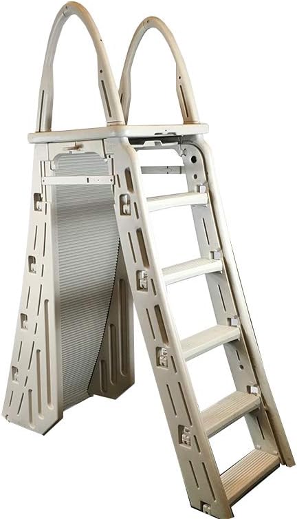 Confer Plastics 7200 Roll Guard 48 to 56 Adjustable A Frame Safety Ladder For Above Ground Outdoor Patio Swimming Pool Platform Ladder with Step Barrier. Warm Grey