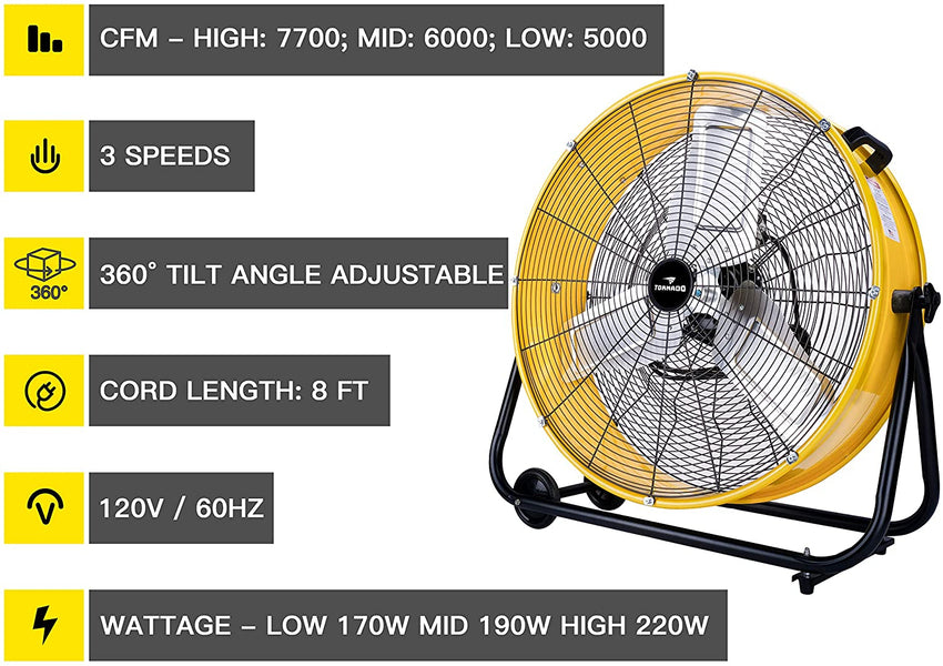 Tornado 24 Inch Grade UL Listed High Velocity Movement Heavy Duty Drum 3 Speed Air Circulator Fan 7800 CFM-Industrial. Commercial. Residential. and Greenhouse Use. Yellow