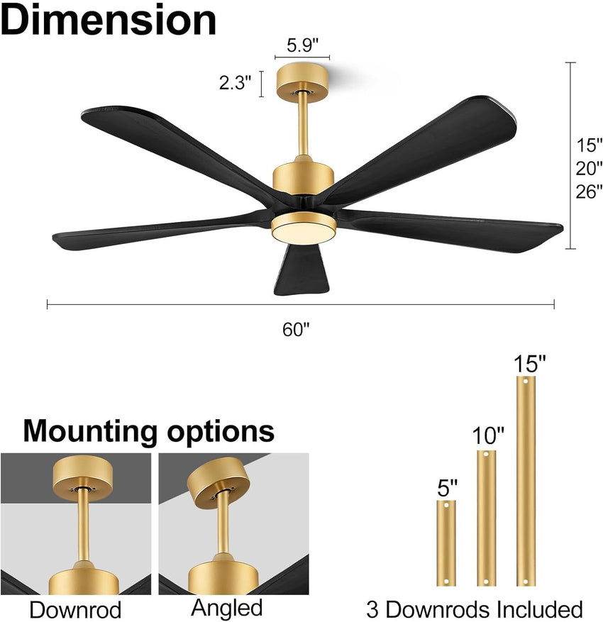Ceiling Fans with Lights. 60 inch Outdoor Ceiling Fans with Lights for Patio and Remote Control. Modern Ceiling Fan with Light. 5 Solid Wood Blades 6-Speed Reversible DC Motor (Dark Brown)