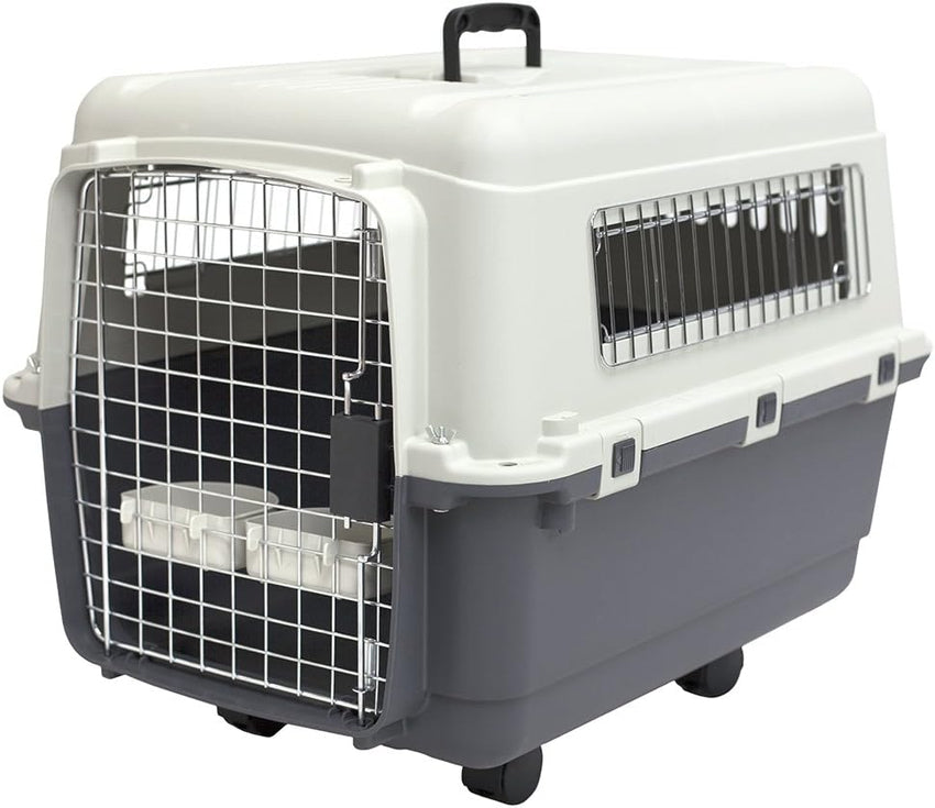 SportPet Designs Plastic Kennels Rolling Plastic Airline Approved Wire Door Travel Dog Crate. XXX-Large. Gray