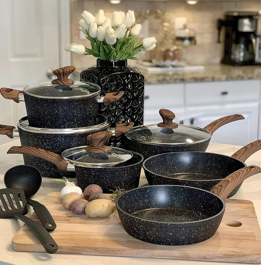Kitchen Academy Induction Cookware Sets - 12 Piece Green Cooking Pan Set. Granite Nonstick Pots and Pans Set