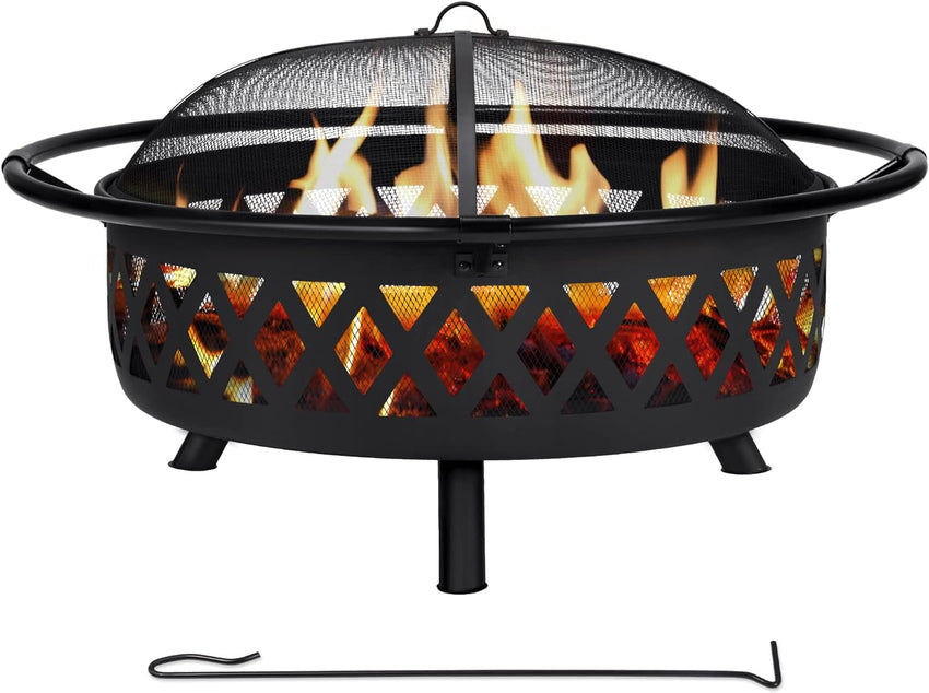 SUNCREAT 42 Patio Fire Pit Wood Burning with Mesh Spark Screen. Bonfire Outdoor firepit with Fireplace Poker. Black