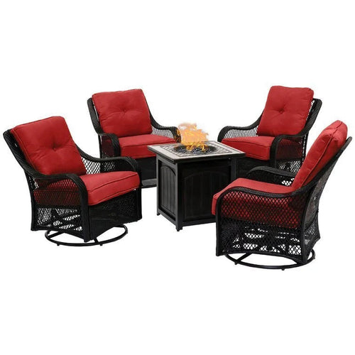 5-Piece Steel Patio Fire Pit Conversation Set with Navy Blue Cushions. Swivel Gliders and Square Fire Pit Table