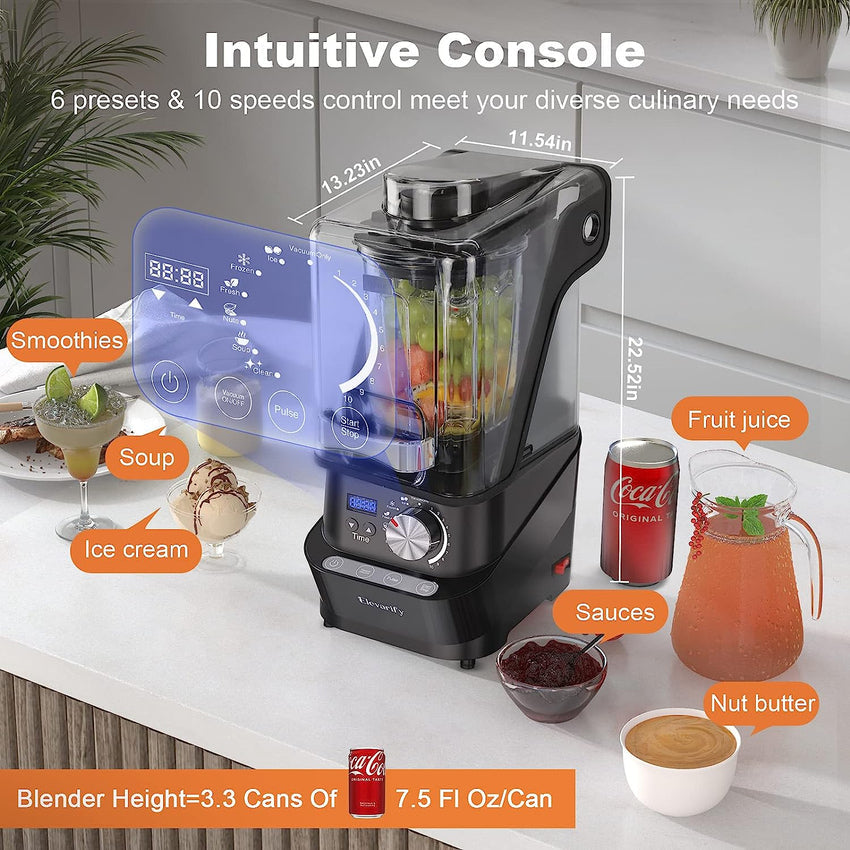 Kitchen Quiet Professional Blender: Vacuum Commercial Blender for Shakes and Smoothies - 56 Ounce Industrial Countertop Blender - 1500 Watt High Power Smoothie Blender with Guard. 29015 (Black)